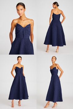 four different views of a woman in a strapless blue dress, with her hands on her hips