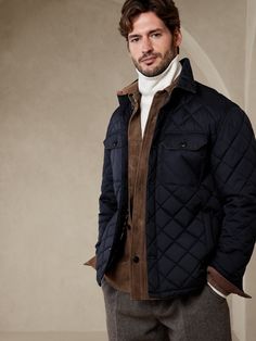 Plenty and practical, this quilted shirt jacket uses a unique waxed fabrication that develops a beautiful patina over time, making every piece one-of-a-kind to the wearer.  Our designers finished the silhouette with ample pocket storage for your trav Mens Quilted Jacket Outfit, Men’s Winter Coat, Mens Outfits Korean, Quilted Jacket Outfit, Winter Dinner Outfit, Quilted Shirt Jacket, Quilted Jacket Men, Quilted Shirt, Outfit Korean Style