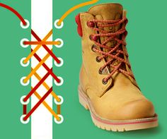 a pair of yellow boots with red laces next to each other on a green background