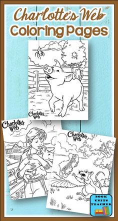 an adult coloring book with the title charlotte's web coloring pages, featuring images of farm animals