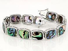 12x10mm Abalone Shell Rhodium Over Sterling Silver Bracelet. Measures Approximately 0.46"W. Box Clasp with Double Safety. Elegant Multicolor Rectangular Bracelet, Multicolor Nickel-free Jewelry For Anniversary, Formal Multicolor Sterling Silver Bracelets, Rectangular Multicolor Sterling Silver Jewelry, Box Clasp, Abalone Shell, Sterling Silver Bracelet, Sterling Silver Bracelets, Silver Bracelet