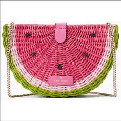 New With Tags 7.8"H X 10.24''W X 3.7"D Drop Length: 22" Wicker With Leather Trim Crossbody With Mag Snap Interior Back Slip Pocket Kate Spade Watermelon Wicker Crossbody In Pink And Green, From The Picnic Perfect Collection. Style # Wkru6834 The Picnic, Kate Spade Bags, Kate Spade Bag, Leather Trims, Pink And Green, Watermelon, Kate Spade, Bag Lady, Trim