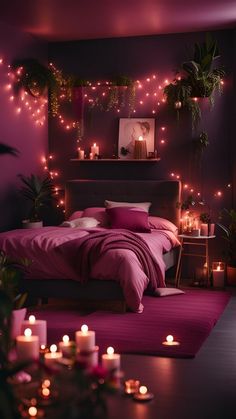 a bed with pink sheets and pillows in a room filled with lit candles, potted plants and pictures on the wall