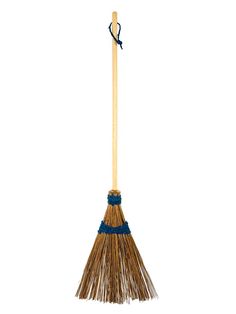 a broom on a white background with a blue handle and long brimmings