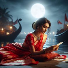 a woman in a red sari sitting on the ground reading a book at night