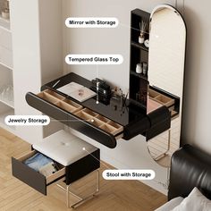 Modern Black Makeup Vanity Set Mirrored Dressing Table with Jewelry Storage & Glass Top Wall Mounted Makeup Table, Wall Mounted Dressing Table, Black Vanity Set, Modern Black Vanity, Black Makeup Vanity, Modern Dressing Table Designs, Portable Furniture, Vanity Shelf, Vanity Shelves