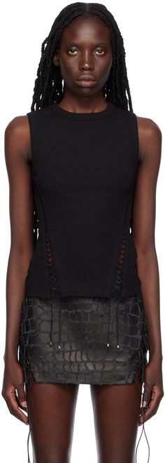 Rib knit stretch cotton jersey tank top. Picot lace detailing throughout. · Crewneck · Boning with self-tie fastening at front Supplier color: Black Jersey Tank Top, Dion Lee, Cami Tanks, Black Tank Tops, Womens Tank, Stretch Cotton, Lace Detail, Style Icons, Style Guides