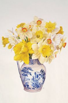 a painting of yellow flowers in a blue and white vase on a white background,