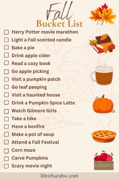 the fall bucket list is shown with pumpkins, apples and other things to do