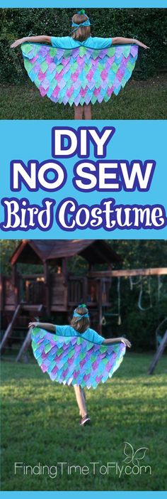 two pictures with the words diy no sew bird costume on them and an image of