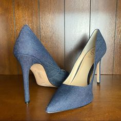 New Vince Camuto Stiletto Pump In Denim Size 10m. Pointed Toe, Lightly Padded Footbed With Faux Leather Lining. Color Jean Blue/Indigo. No Box. From A Smoke Free And Odor Free Home. Ships Quickly Spring Formal Denim Heels, Denim Blue Denim Heels With Round Toe, Denim Blue Round Toe Heels, Denim Blue Heels With Round Toe, Blue Denim Heels With Pointed Toe, Elegant Denim Heels With Round Toe, Chic Denim Heels For Formal Occasions, Chic Formal Denim Heels, Spring Denim Blue Pointed Toe Heels