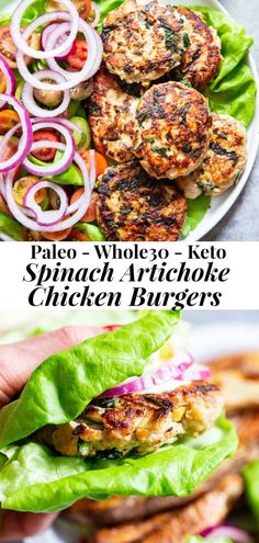 grilled chicken burgers with lettuce, tomato and onion on the side