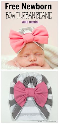 a baby wearing a pink bow on top of it's head and the words, free newborn bow turban beanie