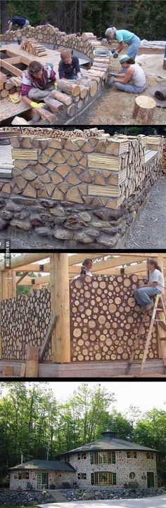 two pictures showing the process of building a house with wood and stonework on it