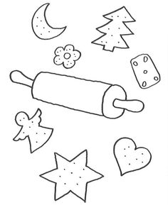 a black and white drawing of stars, hearts, and a roll of doughnuts