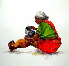 an old woman sitting on the ground with a bowl in her hand and holding a pot