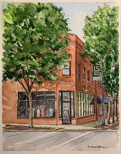 a watercolor painting of a storefront on a street corner with trees in the foreground