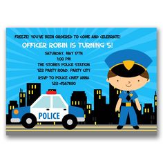 a police officer birthday party card with a cop car on the road and city lights in the background