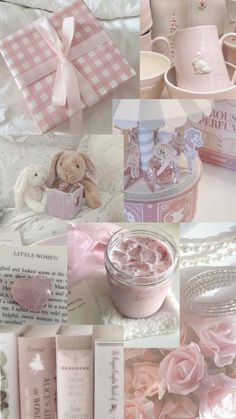 a collage of pink and white items including candles, soaps, teddy bear