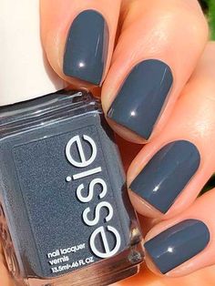 Essie Carols and Caviar Blue Nail Color Ideas Winter, January Nails Blue Grey, Grey Blue Nail Color, Blue Grey Nail Color, Blue Gray Nail Color, Solid Nail Color Ideas Winter, January Nail Colors Dip, Smokey Blue Nails, Grayish Blue Nails