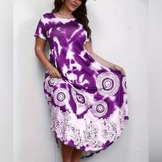 Women's Plus Size Elegant Flared Dress, Summer Tie Dye Crew Neck Tee Dress Short Sleeve 100% Polyester Casual Purple A-line Midi Dress, Casual Purple Knee-length Midi Dress, Purple Short Sleeve Maxi Dress, Purple Short Sleeve Midi Dress, Casual Purple A-line Dress, White T-shirt Dress For Summer, Purple Casual Maxi Dress, Casual Purple Maxi Dress, Casual Purple Maxi Dress For Day Out