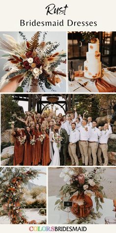 a collage of photos showing different types of bridesmaid dresses and grooms