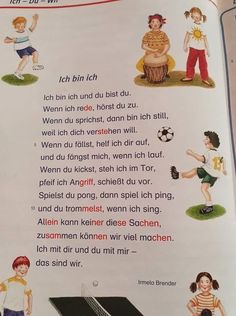 an open book with children's pictures and words written in german on the pages