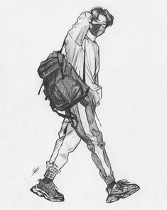 a pencil drawing of a man walking with a back pack on his shoulder and wearing sunglasses