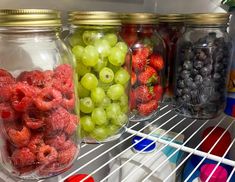 several jars filled with different types of fruit on the inside of a refrigerator freezer