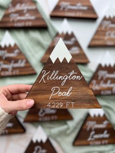 a person holding up a wooden sign in front of many other wood signs with mountains on them