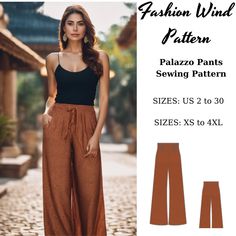 a woman in brown pants and black tank top with the words fashion wind pattern on it