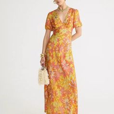 Collection Puff-Sleeve Cupro-Blend Maxi Dress In Sunset Floral New With Tags Yellow Puff Sleeve Dress For Summer, Yellow Puff Sleeve Dress For Spring, Yellow Puff Sleeve Vacation Dress, Vintage Yellow Puff Sleeve Dress, Yellow Puff Sleeve Dress For Vacation, Gold Slip Dress, Long Denim Dress, Cotton Voile Dress, Blue Linen Dress