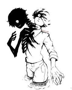 a black and white drawing of a boy with his head on the back of another person's shoulder