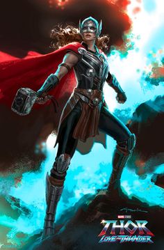 thor the avengers is standing on top of a hill with his cape up and holding a hammer