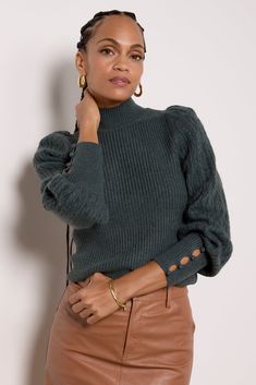 Finished with a hint of cashmere, this gorgeous mockneck sweater by Splendid will elevate any seasonal look, featuring a shaker knit body and cable knit puff sleeves with button details at the cuffs. Style for fall with denim or a vegan leather skirt. | SPLENDID Women's Jordana Pullover, Size XS, Green Style For Fall, Mockneck Sweater, Vegan Leather Skirt, Shoe Size Conversion, Mock Neck Sweater, Hoodie Top, Puff Sleeves, Cable Knit, Mock Neck