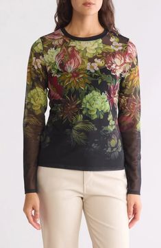 RACHEL Rachel Roy Mesh Long Sleeve T-Shirt | Nordstromrack Green Fitted Long Sleeve T-shirt, Fitted Multicolor Fashion Print Tops, Spring Stretch Top With All Over Print, Stretch Top With All Over Print For Spring, Stretch Tops With All Over Print For Spring, Multicolor Floral Print Tops For Fall, Fall Floral Print Multicolor Tops, Spring Fashion Print Patterned Top, Green Long Sleeve Tops With Floral Print