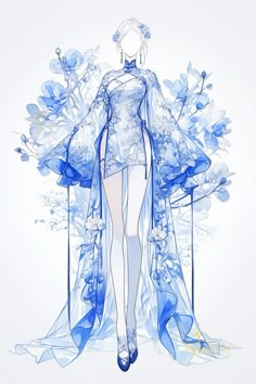 a drawing of a woman with blue flowers on her dress