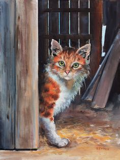 a painting of a cat standing in front of a fenced in area looking at the camera