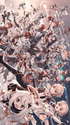 an image of some anime characters flying through the air with their arms in the air