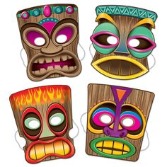 four masks with different designs on them are in the shape of tiki's