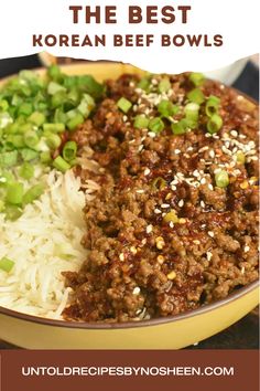 the best korean beef bowls with rice and green onions in a yellow bowl on a table