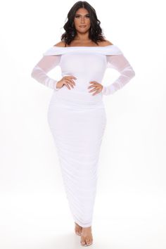 Available In Red, Black, And White. Ruched Maxi Dress Off Shoulder Long Sleeve Full Lining Self: 95% Polyester 5% Spandex Lining: 100% Polyester Imported | Top Trend Ruched Maxi Dress in White size XS by Fashion Nova Stretch Ruched Draped Maxi Dress, Ruched Draped Stretch Maxi Dress, Stretch Draped Maxi Dress With Ruched Detail, Solid Stretch Maxi Dress With Ruched Detail, Stretch Solid Color Ruched Maxi Dress, Off The Shoulder White Dress, Wardrobe Plus Size, Dress Off Shoulder Long, Western Bride