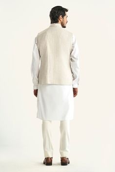 Off white linen bundi with woven vertical kantha stripe patterns and patch pocket detail. - Aza Fashions White Cotton Nehru Jacket, Nehru Jackets, Jodhpur, Pocket Detail, Mandarin Collar, White Linen, Patch Pocket, Stripes Pattern, Aza Fashion