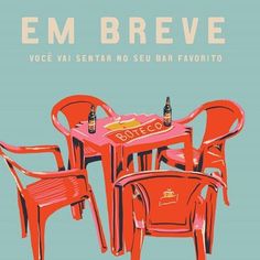 three red chairs sitting around a table with bottles on it and the words embreve written in spanish