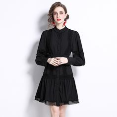 F00145099-105 Fitted Mini Hem Daywear Dresses, Fitted Mini Shirt Dress For Fall, Spring Midi Dress With Ruffles And Mini Hem, Chic Mini Hem Dresses For Daywear, Elegant Mini Dress For Fall Daywear, Elegant Fall Mini Dress For Daywear, Feminine Fitted Long Sleeve Shirt Dress, Casual Fitted Long Sleeve Dress For Day Out, Casual Knee-length Shirt Dress For Party