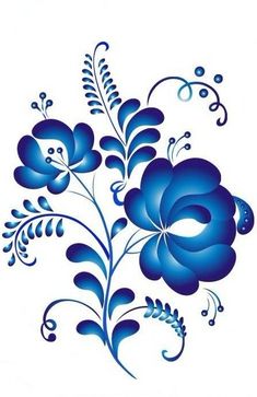 a blue flower with leaves and swirls on the side is shown in this image