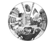 a drawing of a kitchen with lots of counter space and appliances in the center, as well as an oval mirror