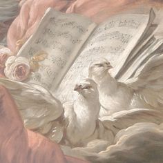 two white doves sitting on top of an open book with music sheets and roses