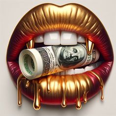 a dollar bill sticking out of the lip of a gold mouth with dripping paint on it