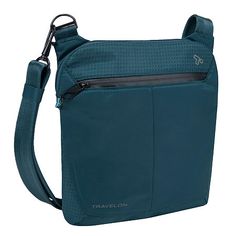 a blue cross body bag with zippers on the front and shoulder strap, in an open position